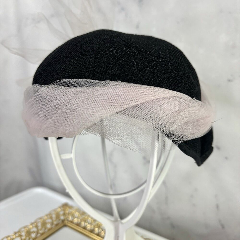 Vintage 1950s 60s Woven Cloche Hat Pink Tulle Bow Star Cocktail Fascinator MCM - Picture 7 of 14